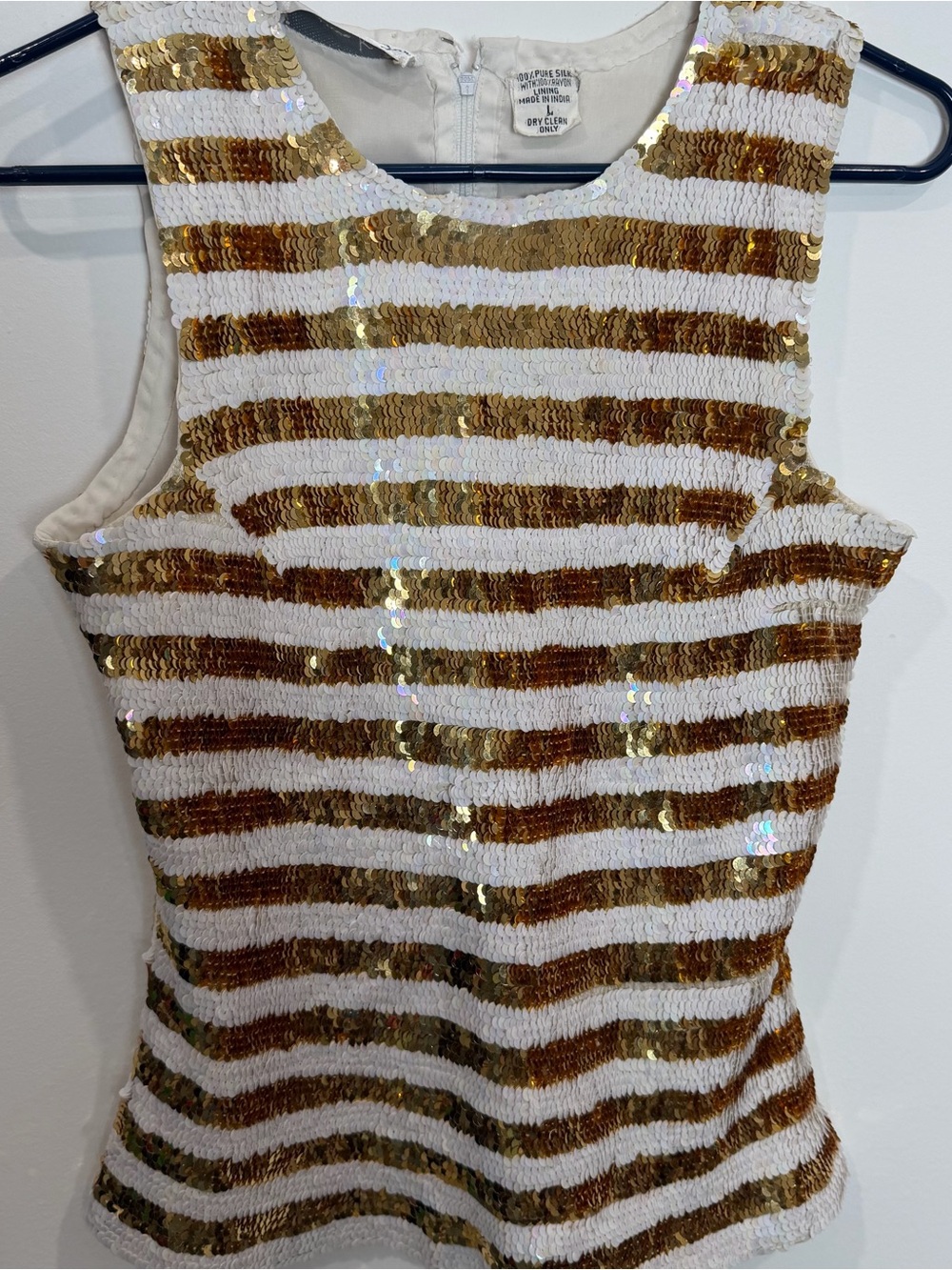 Laurence Kazar Vintage Gold & White Sequin Striped Sleeveless Top 100% silk